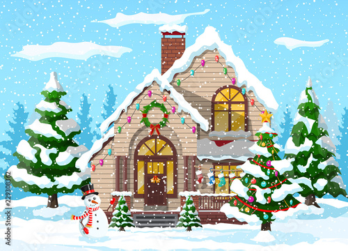 Suburban house covered snow.