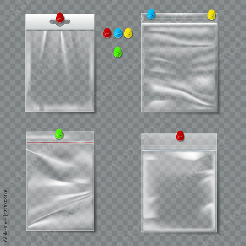Set of transparent plastic packaging with pins.