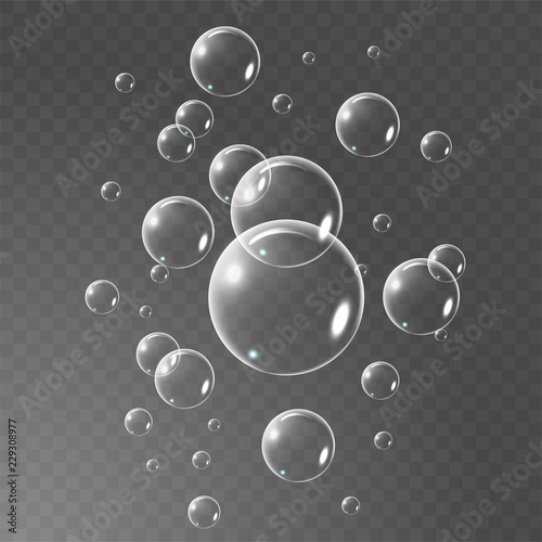 Realistic soap bubbles set isolated on the black transparent background. vector Illustration