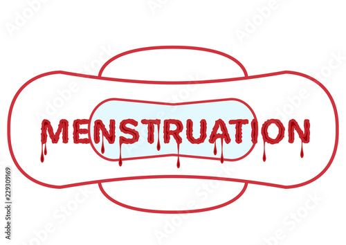 Vector illustration of menstrual bleeding period. Woman critical days, hygiene protection. Bloody word menstruation with blood drops on the sanitary pad, napkin.