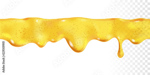 Yellow transparent leaking drop of sweet honey with bubbles. Seamless dripping oil. Vector design of syrup drips. Realistic background horizontal border