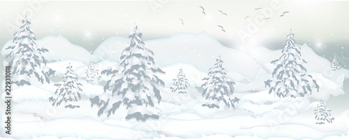 realistic composition of winter forest and white snow. vector banner of winter pines, Christmas trees and white snow for design
