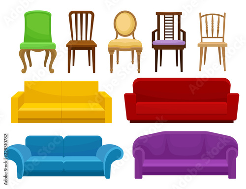 Collection of comfortable furniture set, chairs and sofas, elements for interior design vector Illustration on a white background