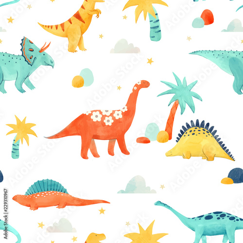 Watercolor dinosaur baby vector pattern