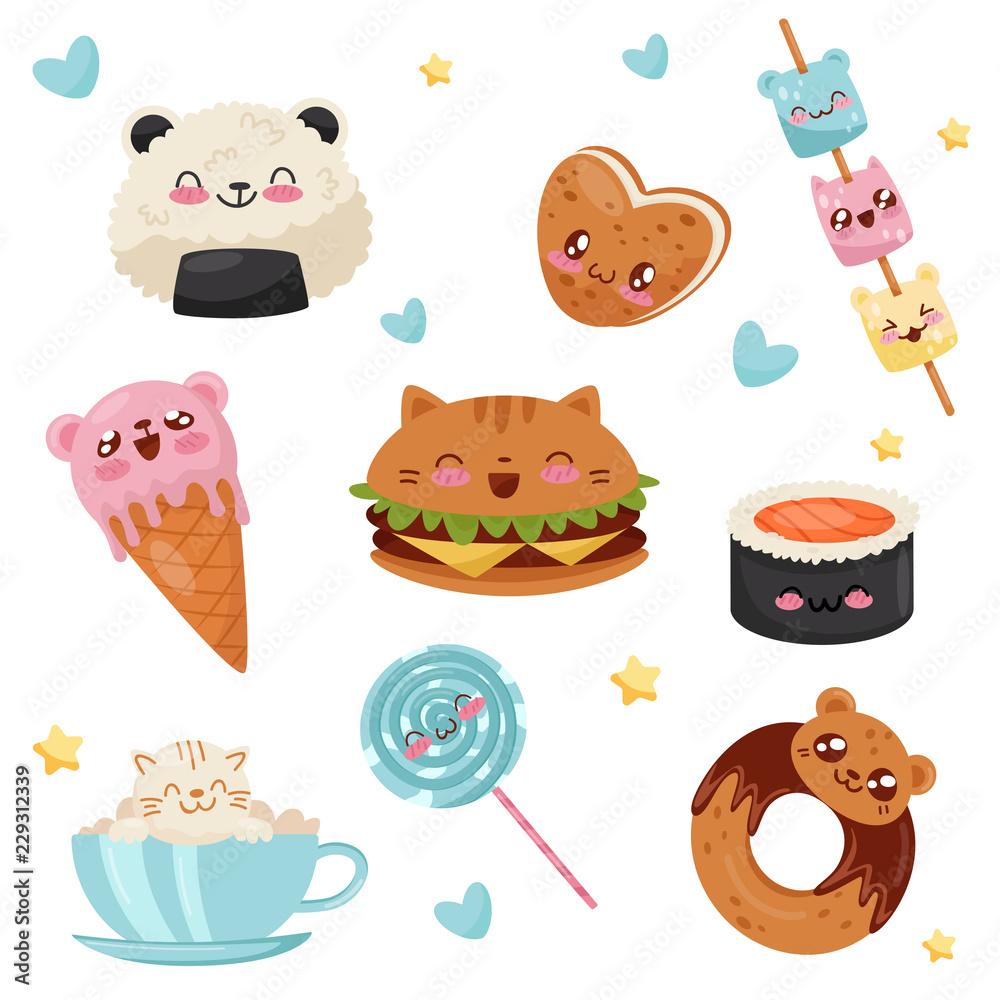 Cute Kawaii food cartoon characters set, desserts, sweets, fast food vector  Illustration on a white background Stock Vector | Adobe Stock