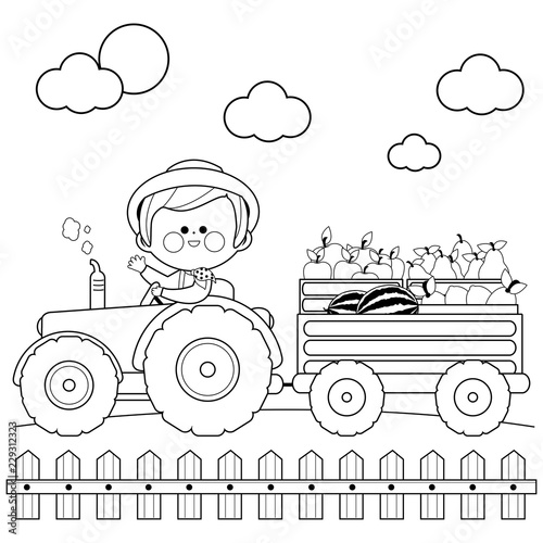 Farmer at the farm driving a tractor and carrying fruits. Vector black and white coloring page.