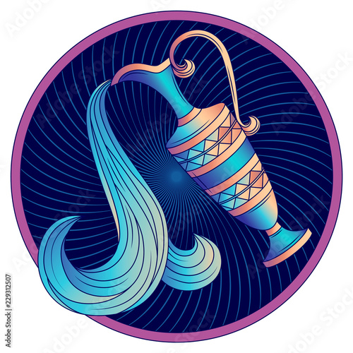 Aquarius zodiac sign, astrological, horoscope symbol. Futuristic icon. Stylized graphic blue amphora decorated with a geometric pattern. Water is poured from a jug with a handle. Vector illustration.