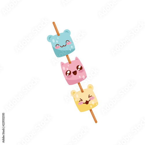Cute marshmallow on wooden stick Kawaii food cartoon character vector Illustration on a white background