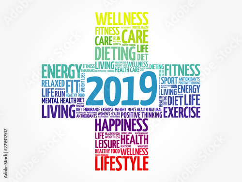 2019 Goals Health word cloud, health cross concept