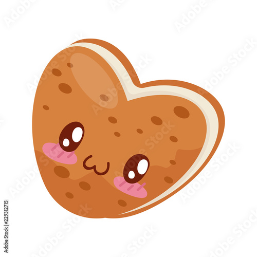 Biscuit with cream heart shaped, cute Kawaii food cartoon character vector Illustration on a white background