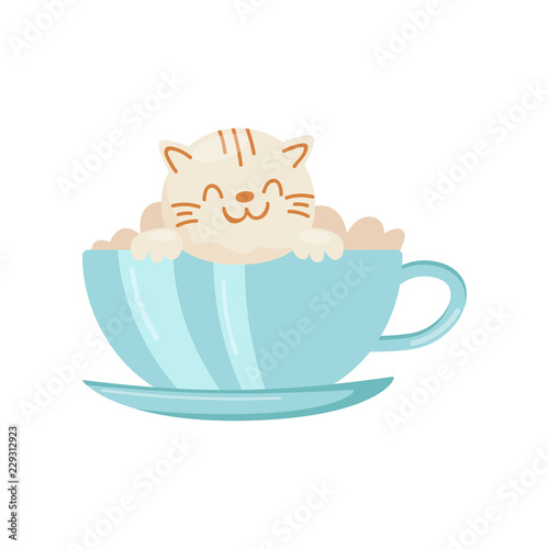 Cup of chocolate, coffee, cocoa decorated with cream cat, cute Kawaii food cartoon character vector Illustration on a white background
