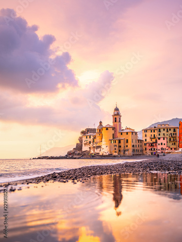 Scenic Mediterranean riviera coast. Panoramic view of Camogli town in Liguria, Italy. Basilica of Santa Maria Assunta and colorful palaces. Italy photo