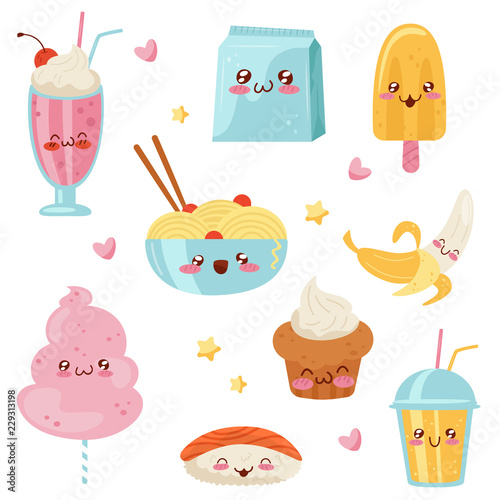 Cute Kawaii food cartoon characters set, desserts, sweets, sushi, fast food vector Illustration on a white background