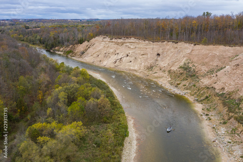 Aerial drone shot of drift boat fly fishing in Ontario, Canada photo