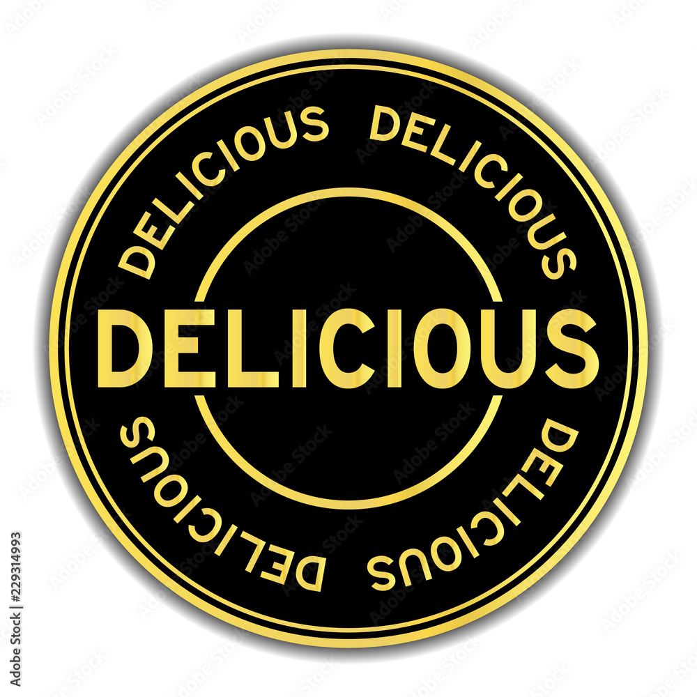 Black and gold color sticker in word delicious on white background