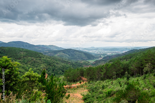 Panoramic view of mountains and valleys in Dalat, Vietnam. Da lat is one of the best tourism cities and aslo one of the largest vegetable and flowers growing areas in Vietnam