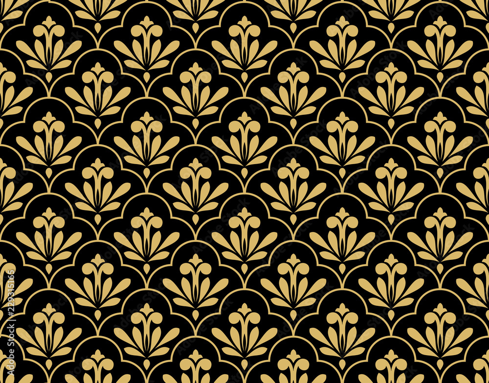 Flower geometric pattern. Seamless vector background. Gold and black ornament. Ornament for fabric, wallpaper, packaging. Decorative print