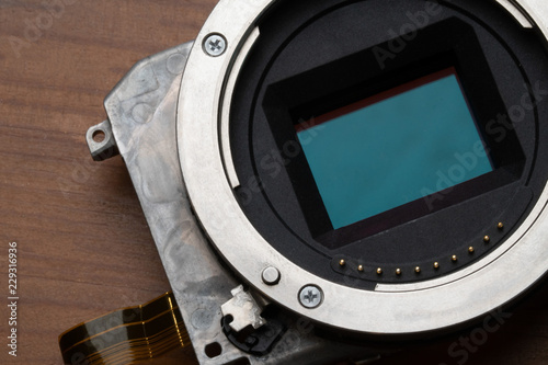 Closeup of digital camera full frame sensor and lens mount photo