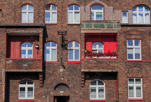 Facade fragment in tenement in Historic Mining District of Nikiszowiec in Katowice in Polish Silesia. 
