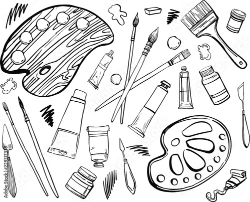 Set of hand drawn sketch vector artist materials. Black and white stylized illustration with paint tools. Brushes, tubes of paint, palette and knives isolated on white background