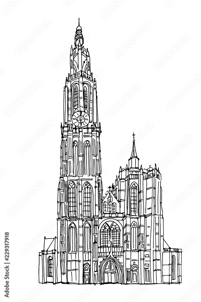 Vector sketch of Cathedral of Our Lady, Antwerp, Belgium