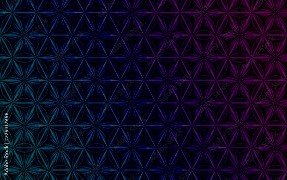 Fototapeta premium Bright color texture of three-dimensional complex dissected convex elements based on hexagonal grid. 3d illustration