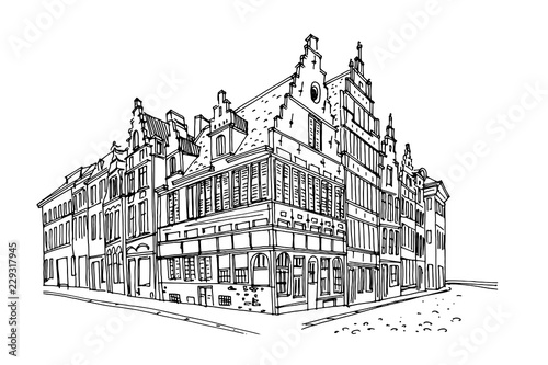 Vector sketch of Traditional architecture in the town of Ghent, Belgium