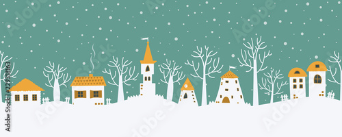 Fairy tale winter landscape. Seamless border. Christmas background. There are fantastic lodges and trees on a turquoise background. White houses with orange roofs and snowing in the picture. Vector