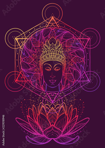 Buddha head in a lotus flower frame. Hexagram representing anahata chakra in yoga on a background. Intricate hand drawing isolated on byzantium tone background. Tattoo design. EPS10 vector