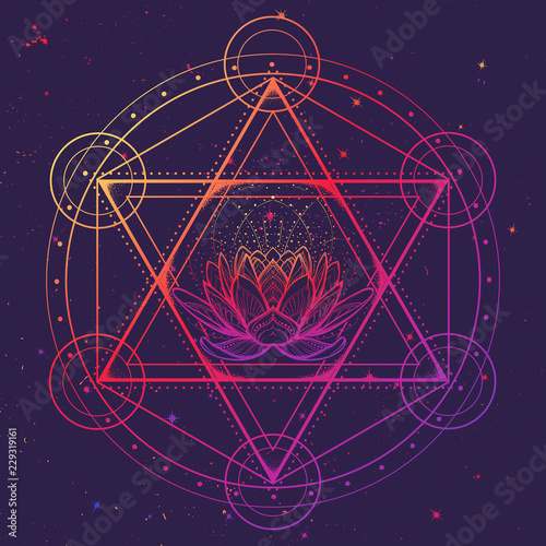 Hexagram with a lotus encompassed with a circle. Multicultural symbol representing anahata chakra in yoga and a Star of David. Line drawing isolated on textured background. Tattoo design. EPS10 vector photo