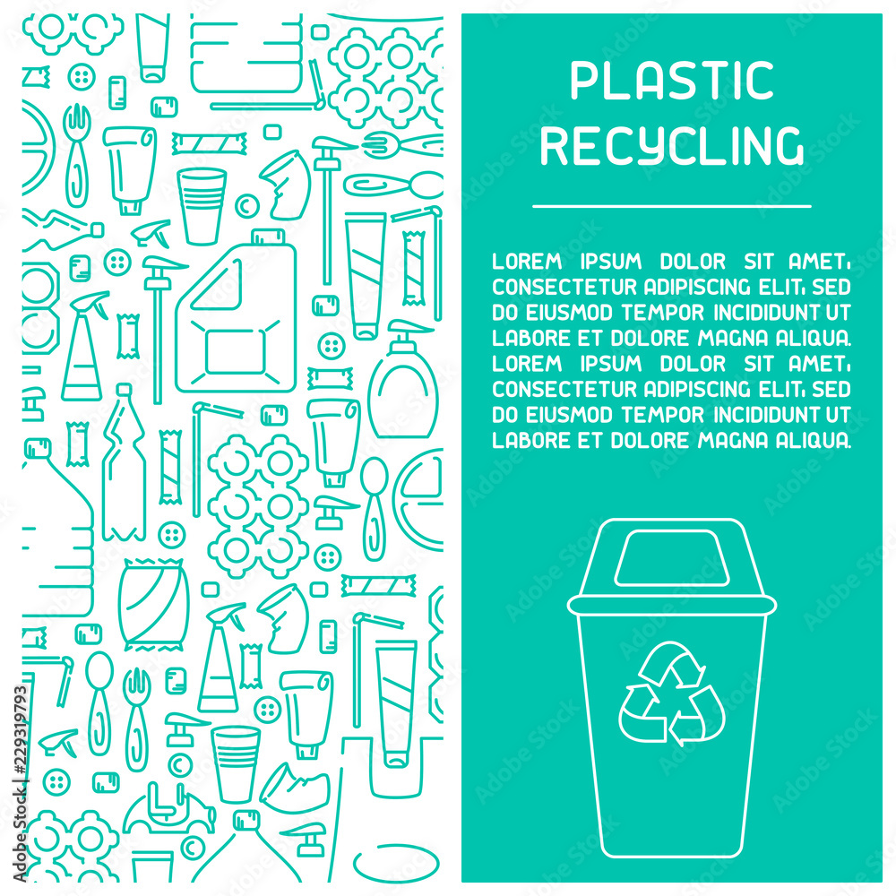 Plastic waste recycling information booklet. Line style vector illustration. There is place for your text