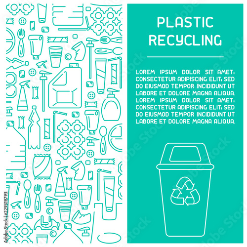 Obraz na płótnie Plastic waste recycling information booklet. Line style vector illustration. There is place for your text w salonie