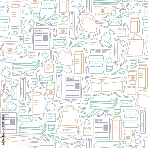 Seamless pattern with waste paper elements. Line style vector illustration