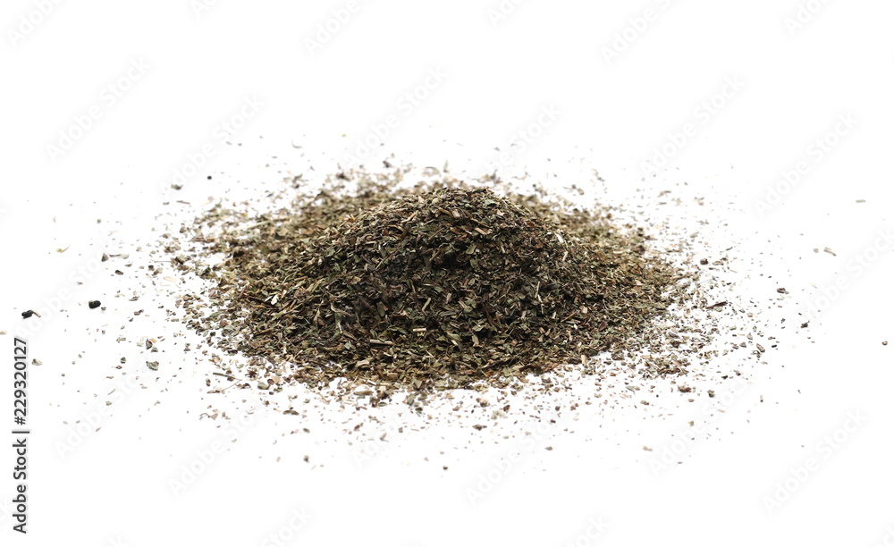 Oregano spice pile isolated on white background, top view Oregano spice pile isolated on white background, top view