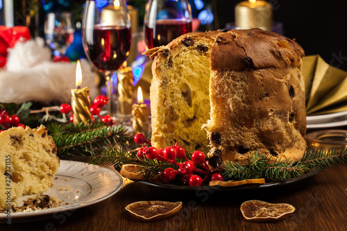 Christmas panettone cake with raisins and fruits photo