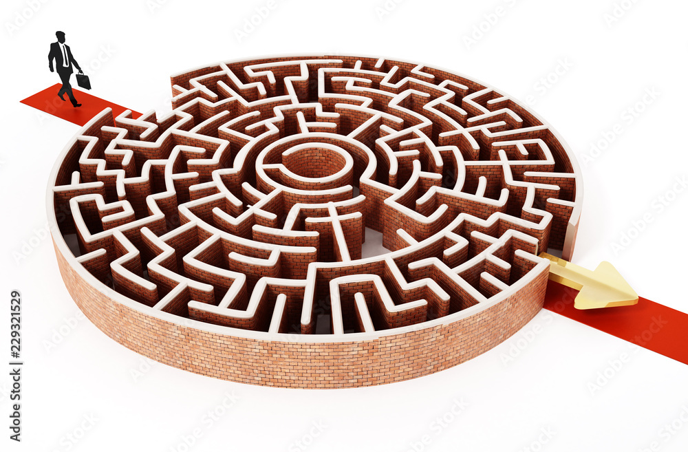 Silhouette of a businessman standing at the door of round maze. 3D illustration