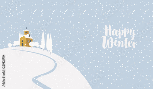 Snowy winter landscape with village church on the snow-covered hill. Vector illustration, winter background with calligraphic inscription Happy winter