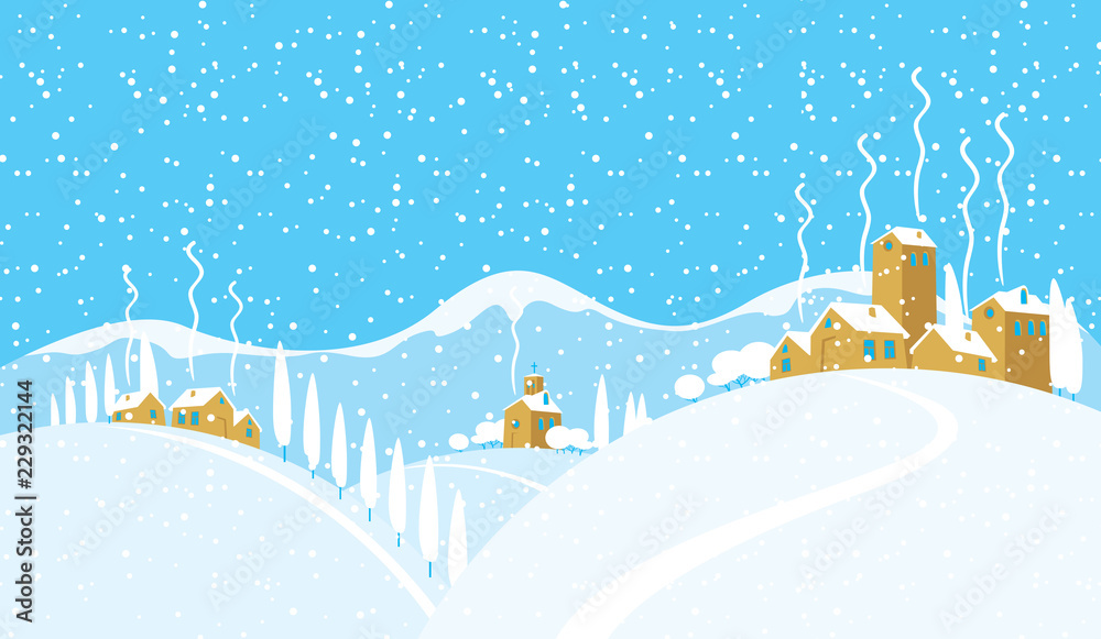 Snowy winter landscape with village church and houses on the snow-covered hills. Vector illustration, winter background