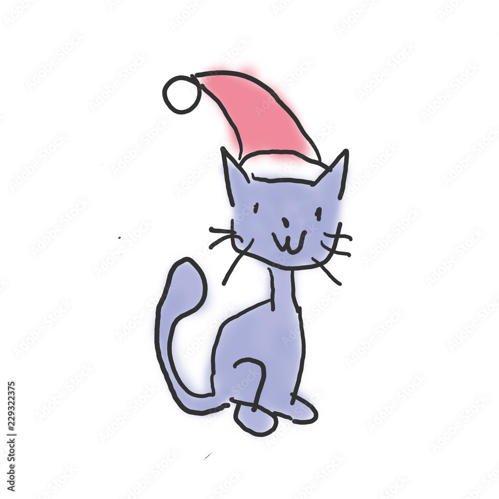 帽子を被ったクリスマスネコちゃん落書き風ゆるいイラスト Stock Illustration Adobe Stock