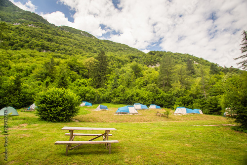 Beautiful tent site in the alps at eco camp resort in Slovenia.