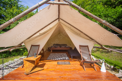 Glamping tent exterior in Adrenaline Check eco camp in Slovenia.