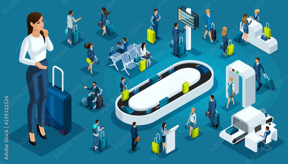 custom made wallpaper toronto digitalIsometric set 3, international airport icons, passengers with luggage, big business lady on a business trip, transit zone, air lines