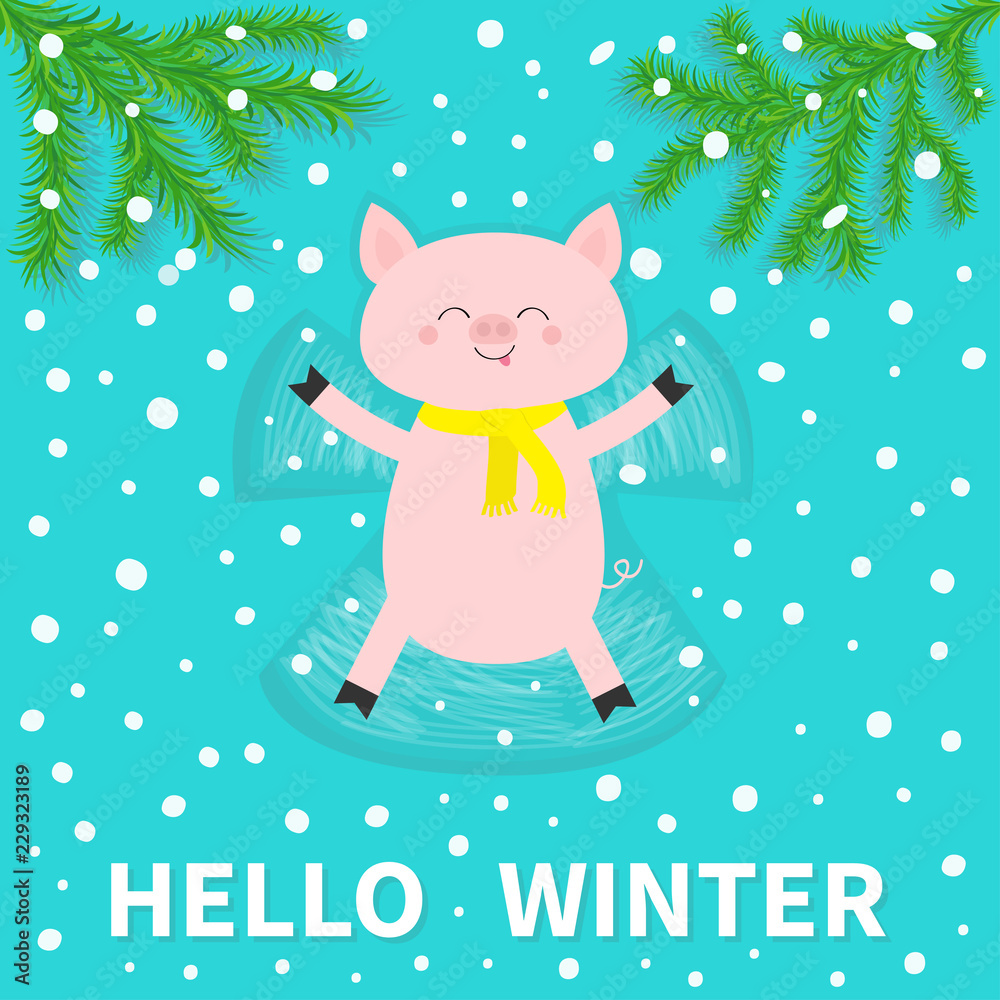 Hello winter. Pig laying on back. Making snow angel. Top air view. Moving  paws. Fir tree. Branch spruce Cute cartoon funny character. Flat design.  Blue snowflake background. Stock Vector | Adobe Stock
