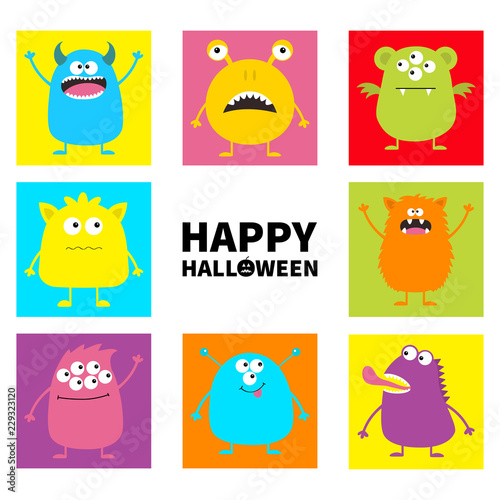 Happy Halloween. Cute monster icon set. Colorful square shape. Cartoon scary funny character. Eyes  tongue  hands up. Funny baby collection. White background Isolated. Flat design.
