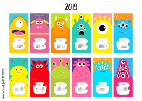 Monster vertical monthly calendar 2019. Cute funny cartoon character set. All month. Flat design.