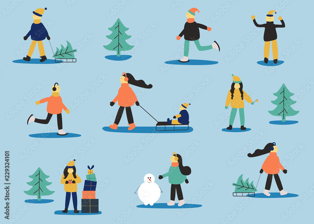 Winter set with people: skating man, women with sled, women with gift, men in sweater, women with child, women with snowman. Christmas holiday art.