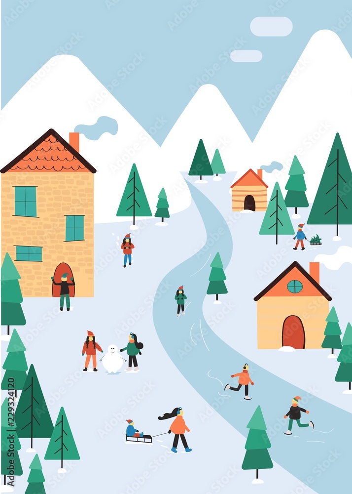 Winter landscape with people and  decoration: tree, skating, slade, snowman, gift, flag. Mountain city, cozy village in modern flat design.