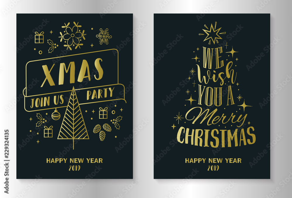 Christmas and New Year greeting card set. Vector illustration.