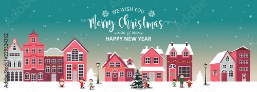 Christmas banner holiday concept vector illustration. Snowy Christmas landscape.