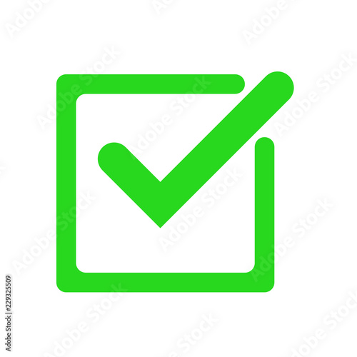 Tick icon vector symbol, green checkmark isolated on white background, check mark or checkbox pictogram, checked icon or correct choice sign.
